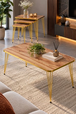 SuloraHome Ceviz Desenli Gold Metal Ayaklı 4'lü Sehpa Seti
