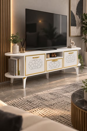 SuloraHome Beyaz ve Gold Detaylı 160 cm TV Ünitesi