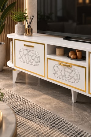 SuloraHome Beyaz ve Gold Detaylı 160 cm TV Ünitesi