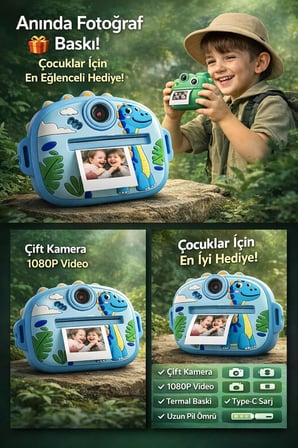 Çocuk Anında Baskılı Mini Fotoğraf Makinesi Sevimli Tasarımlı Çift Kameralı Kamera