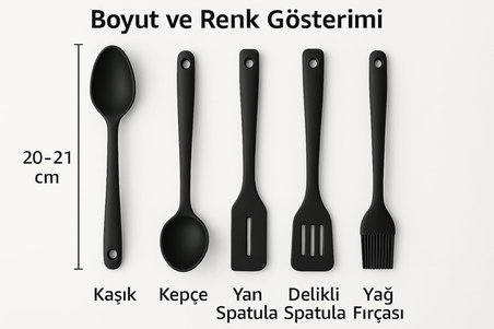 5'li Silikon Mutfak Seti – Kaşık, Kepçe, Spatula, Yağ Fırçası | Renkli Pişirme Seti | Isıya Dayanıklı | Mutfak Gereçleri (Renk Stok Durumuna Göre Gönderilir)