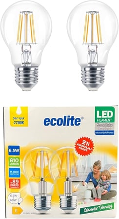 Ecolite 6,5W LED Filament Ampul E27 | 60W Eşdeğer | 2700K Sarı Işık | 810 Lümen | 2’li Paket | Enerji Sınıfı E