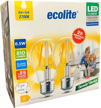 Ecolite 6,5W LED Filament Ampul E27 | 60W Eşdeğer | 2700K Sarı Işık | 810 Lümen | 2’li Paket | Enerji Sınıfı E