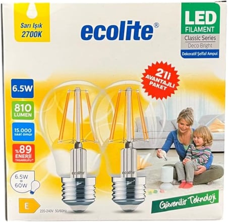 Ecolite 6,5W LED Filament Ampul E27 | 60W Eşdeğer | 2700K Sarı Işık | 810 Lümen | 2’li Paket | Enerji Sınıfı E