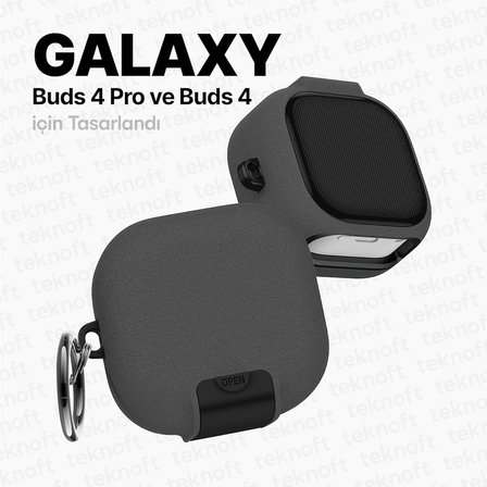 Samsung Galaxy Buds 4 Pro ve Buds 4 ile Uyumlu Mandallı Kapak Kilit Sistemli Kumlanmış Mat Dokulu Darbelere Dayanıklı Hibrit Kılıf (Gri, Galaxy Buds 4 Pro/4)
