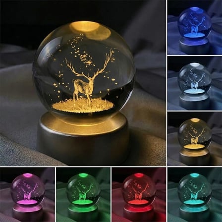 Geyik Kristal Cam Küre Renk Değiştiren LED Işıklı Gece Lambası Dekoratif Hediyelik