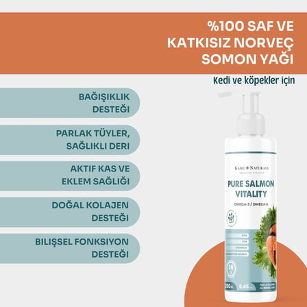Pure Salmon Vitality%100 Doğal Norveç Somon Yağı, Omega 3 ve 6, E Vitamini, Kedi ve Köpek, 250 ML