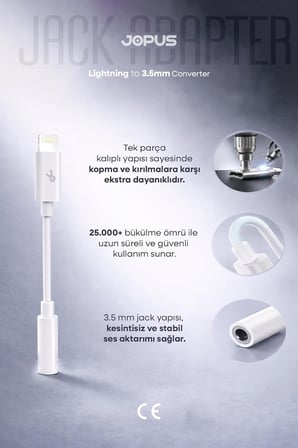iPhone 7-8-X-11-12-13-14 Serileri ile Uyumlu Bluetooth Bağlantılı 3.5mm Kulaklık Dönüştürücü JO-IB01 Beyaz, 42337