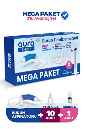 MEGA PAKET Burun Aspiratörü, 10 Adet Aspiratör Yedek Uç ve Burun Temizleme Yıkama Enjektörü