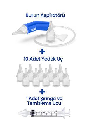 MEGA PAKET Burun Aspiratörü, 10 Adet Aspiratör Yedek Uç ve Burun Temizleme Yıkama Enjektörü