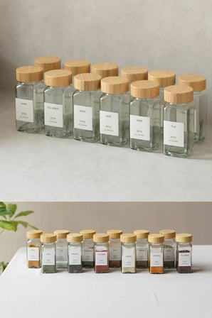 12'li Bambu ve Akasya Kapaklı Cam Baharatlık Seti 120 ml - Doğal Ahşap Kapaklı, Şeffaf Cam, Sağlıklı ve Şık Baharat Kavanozları (Bambu Kapak)
