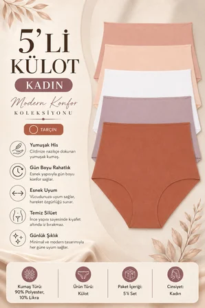 Kadın Külot Ekstra Yüksek Bel Lazer Kesim Esnek Iz Yapmayan 5 li Paket Polyester TARÇIN