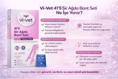 Vi-vet Pudralı Sir Ağda Bant Seti, Hassas Ciltler için, 41 Parça, Vücut, Yüz ve Koltuk Altı Bandı, Temizleme Mendili Dahil