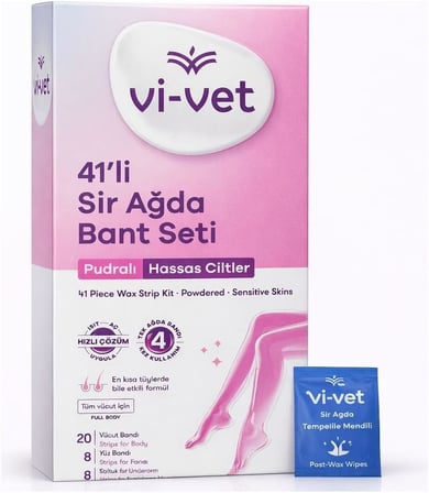 Vi-vet Pudralı Sir Ağda Bant Seti, Hassas Ciltler için, 41 Parça, Vücut, Yüz ve Koltuk Altı Bandı, Temizleme Mendili Dahil