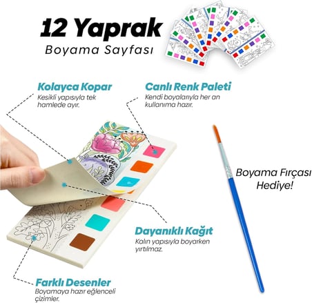 Renk Paletli Sulu Boya Kitabı + Fırça, 12 Sayfa Boyama Kitabı, Aktivite Boyama Seti, Çocuklar için Yeni Nesil Sulu Boya Defteri (Deniz Kızı)