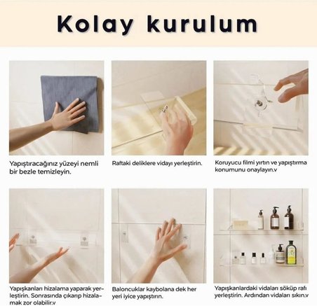 2 Adet Pleksi Hayalet Raf | Banyo Mutfak Düzenleyici Kendinden Yapışkanlı Vidalı Raf - 40 Cm