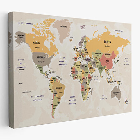 Harita Sepeti Türkçe Dünya Haritası Kanvas Tablo Ülke Başkentli ve Okyanus Detaylı Tablo 2744