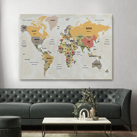 Harita Sepeti Türkçe Dünya Haritası Kanvas Tablo Ülke Başkentli ve Okyanus Detaylı Tablo 2744