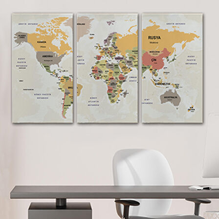 Harita Sepeti Türkçe Dünya Haritası Kanvas Tablo Ülke Başkentli ve Okyanus Detaylı Tablo 2744