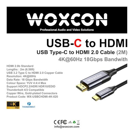 USB-C - HDMI Kablo, USB 3.2 Type C, HDMI2.0b Standart, 4K 60Hz, 18Gbps, HDR, HDR10, 3D, HDCP2.2