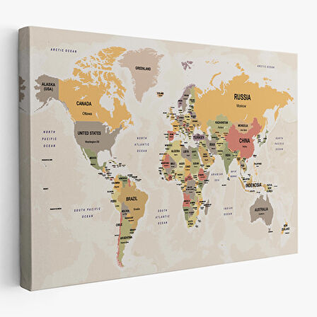 Harita Sepeti Dünya Haritası Kanvas Tablo Ülke Başkentli ve Okyanus Detaylı Tablo 2745