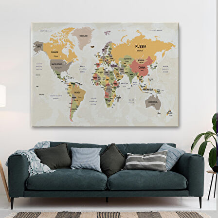 Harita Sepeti Dünya Haritası Kanvas Tablo Ülke Başkentli ve Okyanus Detaylı Tablo 2745