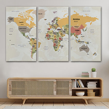 Harita Sepeti Dünya Haritası Kanvas Tablo Ülke Başkentli ve Okyanus Detaylı Tablo 2745