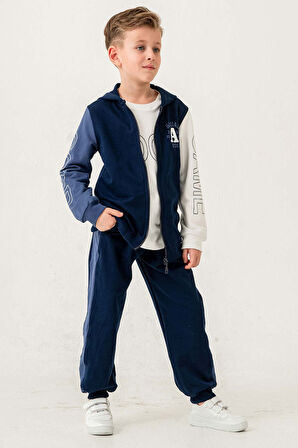 Kapüşonlu %100 Pamuk 3 Parça Erkek Çocuk Eşofman Takımı