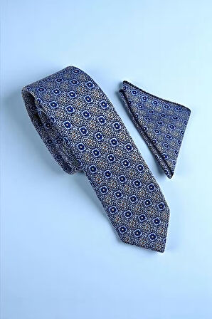 Slim Mozaik Desen Mavi Kravat & Mendil