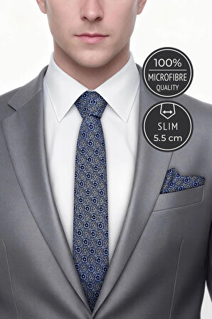 Slim Mozaik Desen Mavi Kravat & Mendil