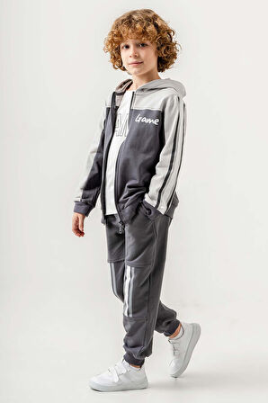 Fermuarlı Kapüşonlu Çift Cepli 3 Parça Erkek Çocuk Eşofman Takımı