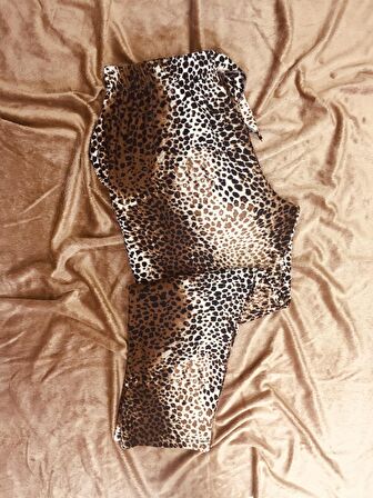 Leopar Desenli Ipeksi Kadın Süet Pijama Altı