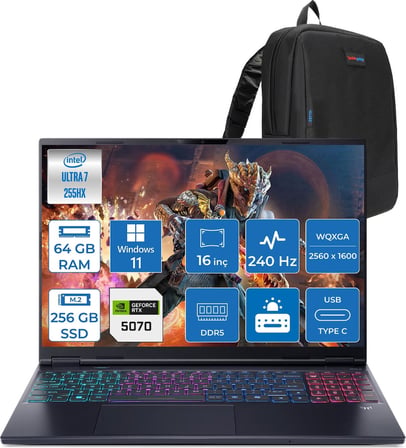 Acer Predator Helıos Neo 16S Aı Intel Core™ Ultra 7 255HX 64GB Ddr5 256GB SSD 8GB/RTX5070 115W 16"qhd+ 2560X1600 240HZ OLED WIN11HOME Gaming Bilgisayar. NHQZFEY001H16+ZETTAÇANTA