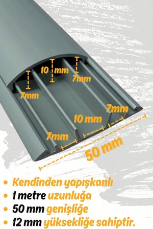2 Metre (2 Adet x 1 Metre) Kendinden Yapışkanlı 50x12mm Gri Balık Sırtı Kablo Kanalı (2 Metre)