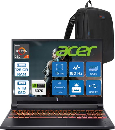 Acer Nitro V 16S Aı Amd Ryzen™ 7 260 128GB Ddr5 4tb SSD 8GB/RTX5070 95W 16"qhd+ 2560X1600 180Hz IPS Freedos Gaming Bilgisayar. NHQYYEY001F35+ZETTAÇANTA