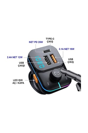 55W Hızlı Şarj Destekli Çift Usb + Type-C Çıkışlı Bluetooth FM Modülatör Transmitter MT9874