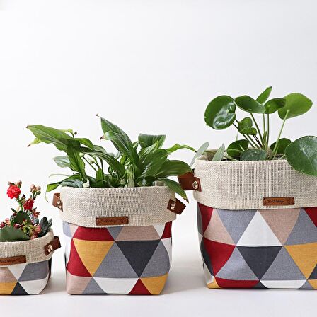 Retrolove Serisi Triangles-Red 3lü Kumaş Organizer&Saksı Kılıfı Seti