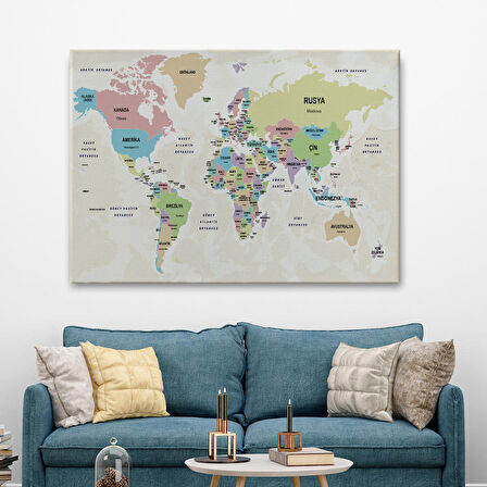 Harita Sepeti Türkçe Dünya Haritası Kanvas Tablo Ülke Başkentli ve Okyanus Detaylı Tablo 2748