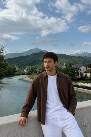 Erkek Minimal Baskılı Oversize Dokulu Gömlek Kahve