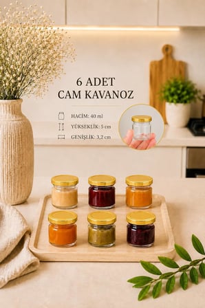 6 Adet 40 ml Gold Metal Kapaklı Şeffaf Numune Mama Ek Gıda Şekerleme Reçellik Küçük Cam Kavanoz