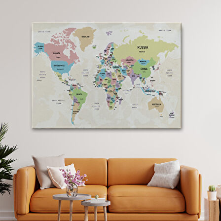 Harita Sepeti Dünya Haritası Kanvas Tablo Ülke Başkentli ve Okyanus Detaylı Tablo 2749