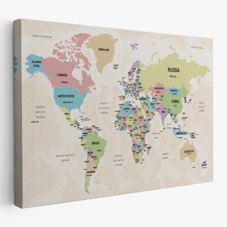 Harita Sepeti Dünya Haritası Kanvas Tablo Ülke Başkentli ve Okyanus Detaylı Tablo 2749