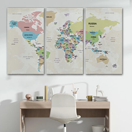 Harita Sepeti Dünya Haritası Kanvas Tablo Ülke Başkentli ve Okyanus Detaylı Tablo 2749