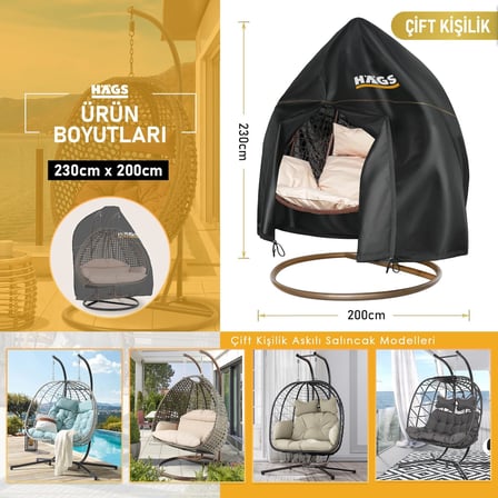 Bahçe Salıncağı Örtüsü, Rattan Salıncak Koltuk Koruma Kılıfı Brandası, Hamak Sandalye Dış Mekan Su Geçirmez Mobilyası Koruyucu Örtü - Çift Kişilik, 230 x 200cm