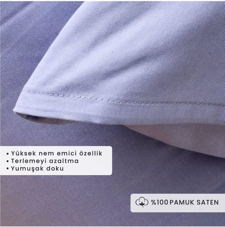%100 Pamuk Saten Supreme 2'li Yastık Kılıfı, Mavi, 50 x 70
