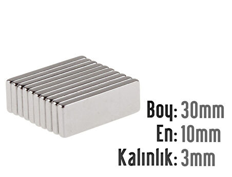 Neodyum Mıknatıs Köşeli  30x10mm , Kalınlık 3 mm ( 1 Adet)