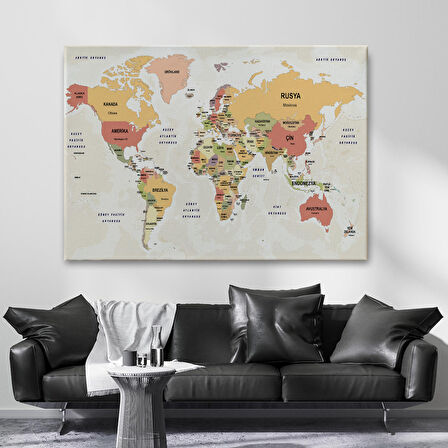 Harita Sepeti Türkçe Dünya Haritası Kanvas Tablo Ülke Başkentli ve Okyanus Detaylı Tablo 2750