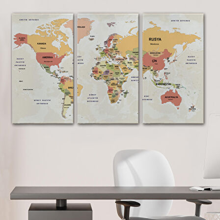 Harita Sepeti Türkçe Dünya Haritası Kanvas Tablo Ülke Başkentli ve Okyanus Detaylı Tablo 2750