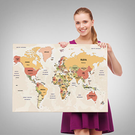 Harita Sepeti Türkçe Dünya Haritası Kanvas Tablo Ülke Başkentli ve Okyanus Detaylı Tablo 2750