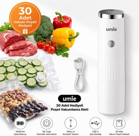 Umie DKM13 1800mAh 30 Adet Poşet Hediyeli Otomatik Dikey Gıda Vakumlama Aleti